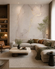 Soft greige & gold alcohol ink wall mural in a designer living room.