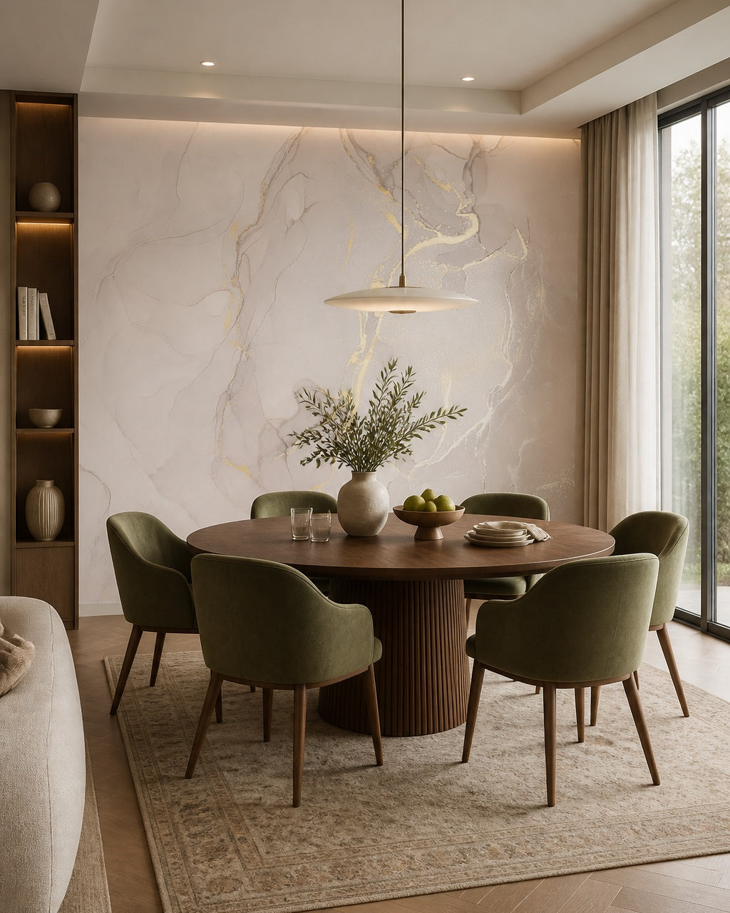 Soft greige & gold alcohol ink wall mural in a refined dining area.
