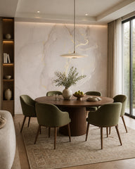 Soft greige & gold alcohol ink wall mural in a refined dining area.
