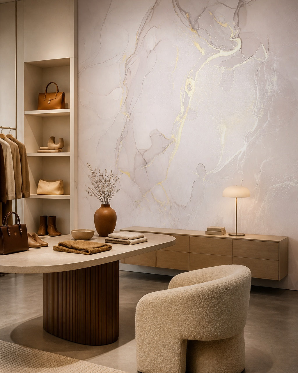 Soft greige & gold alcohol ink wall mural in a design showroom.