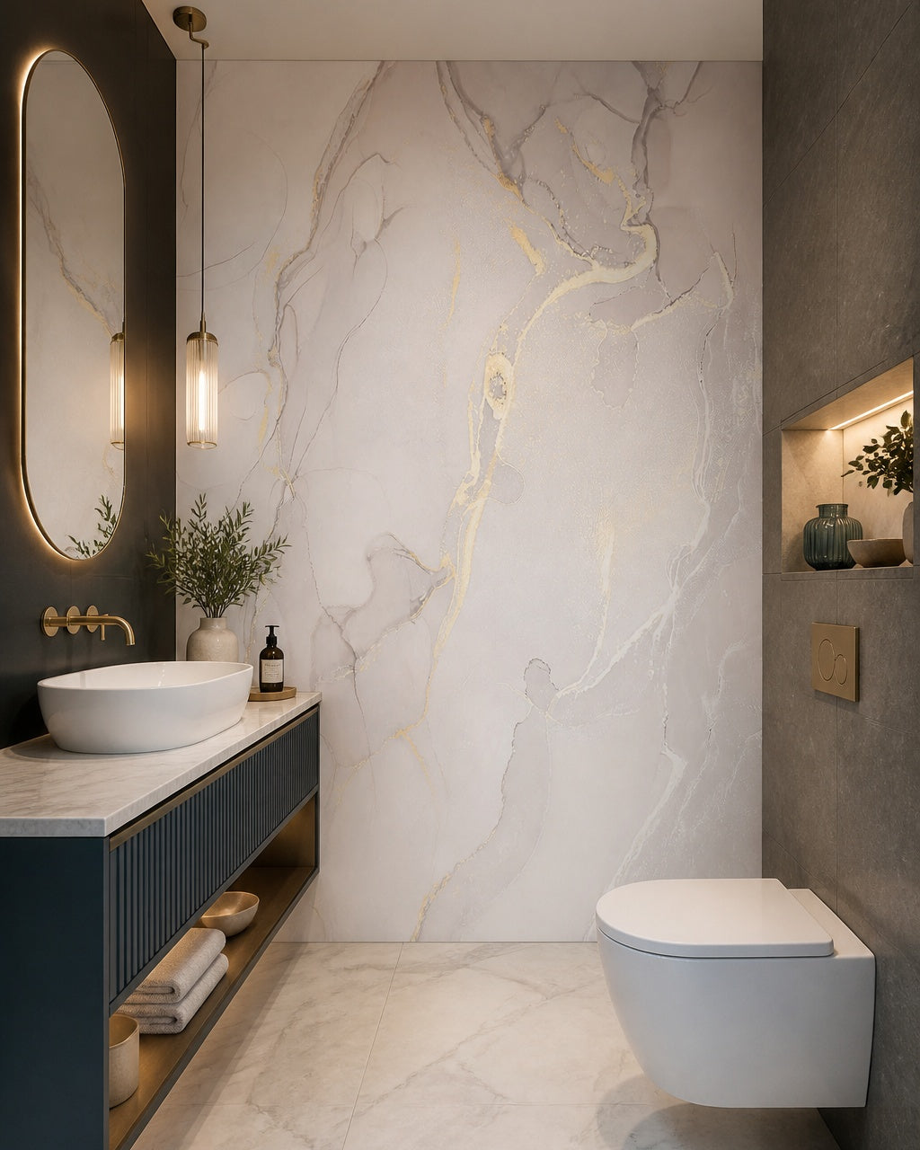 Soft greige & gold alcohol ink wall mural in a luxury bathroom.