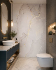 Soft greige & gold alcohol ink wall mural in a luxury bathroom.