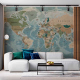 Vintage-Inspired World Map Wall Mural Wallpaper with Earthy Tones and Detailed Borders