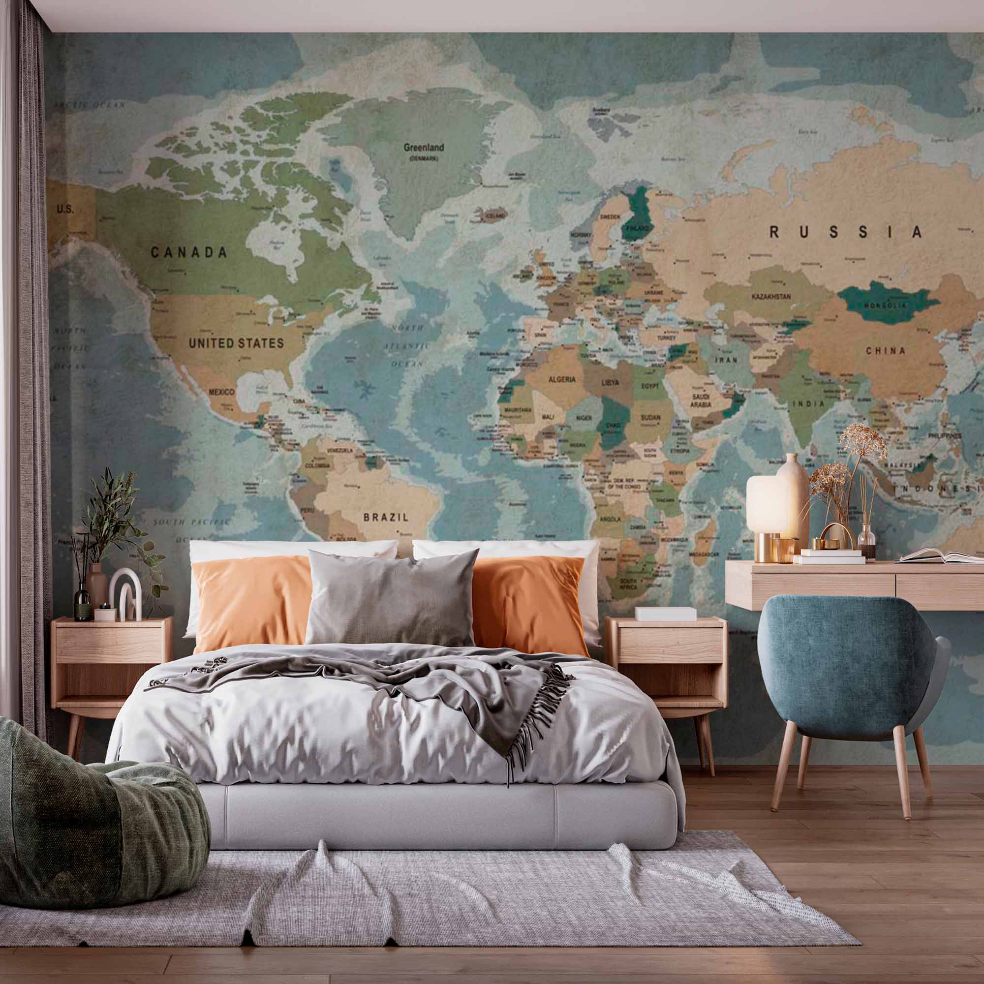 Vintage-Inspired World Map Wall Mural Wallpaper with Earthy Tones and Detailed Borders