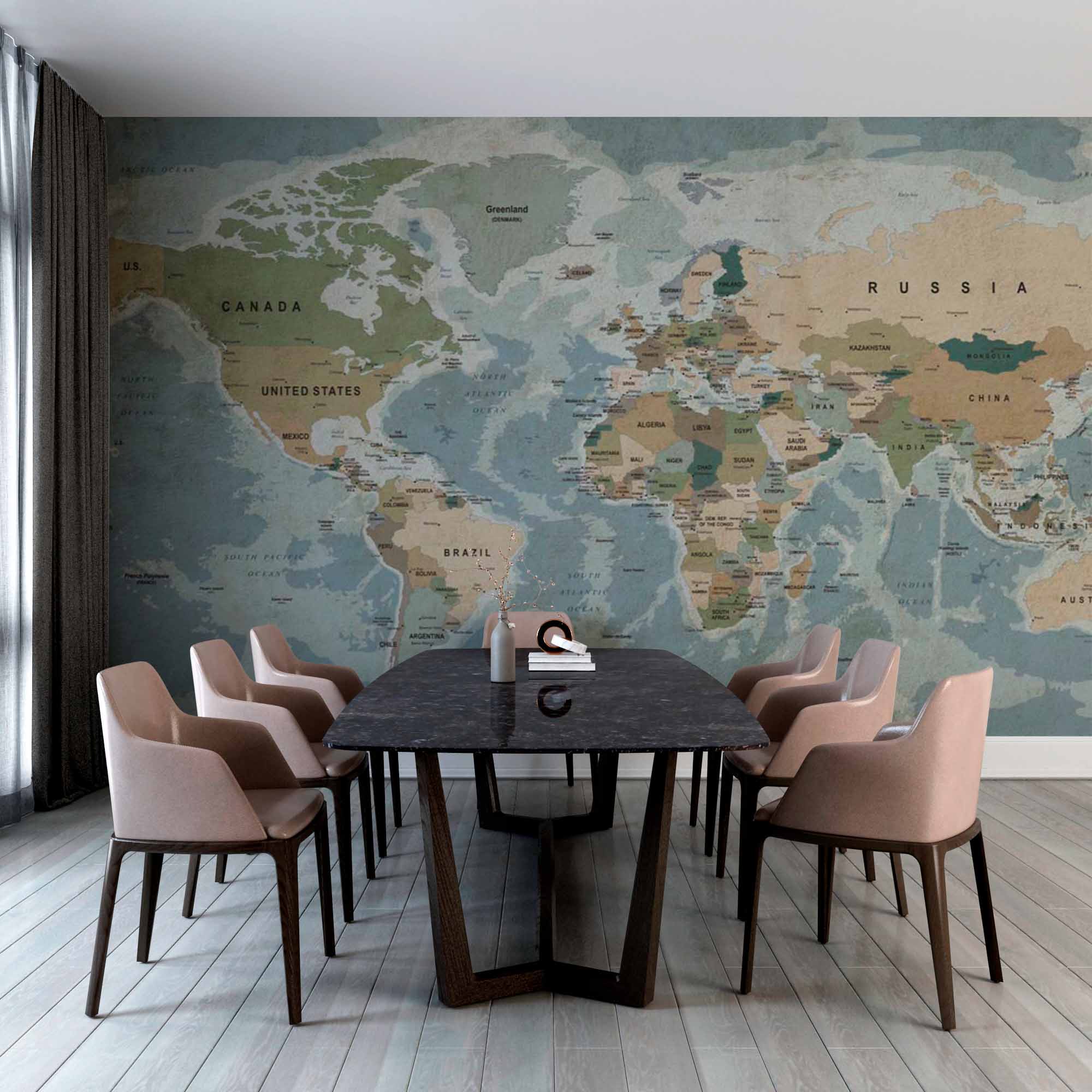 Vintage-Inspired World Map Wall Mural Wallpaper with Earthy Tones and Detailed Borders