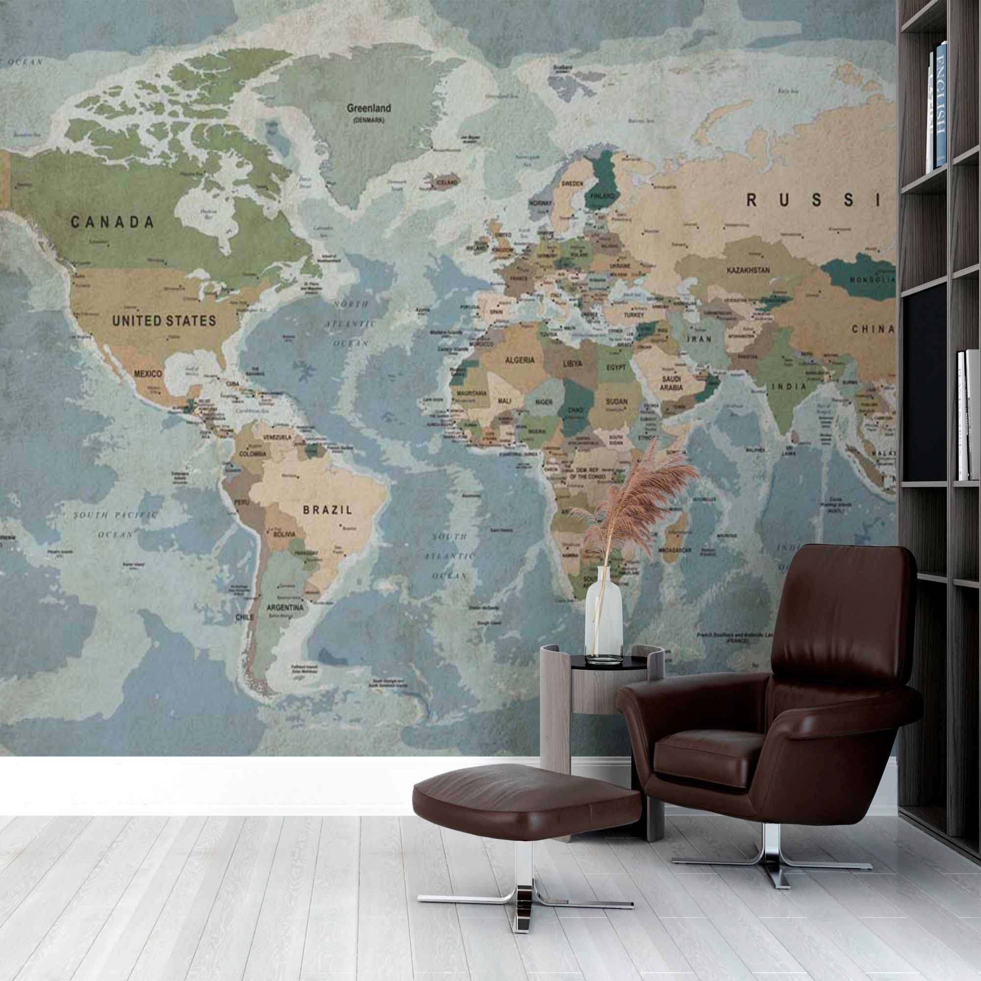 Vintage-Inspired World Map Wall Mural Wallpaper with Earthy Tones and Detailed Borders