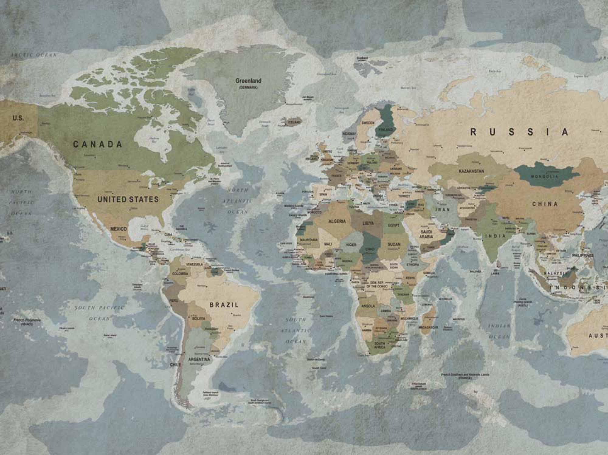 Vintage-Inspired World Map Wall Mural Wallpaper with Earthy Tones and Detailed Borders