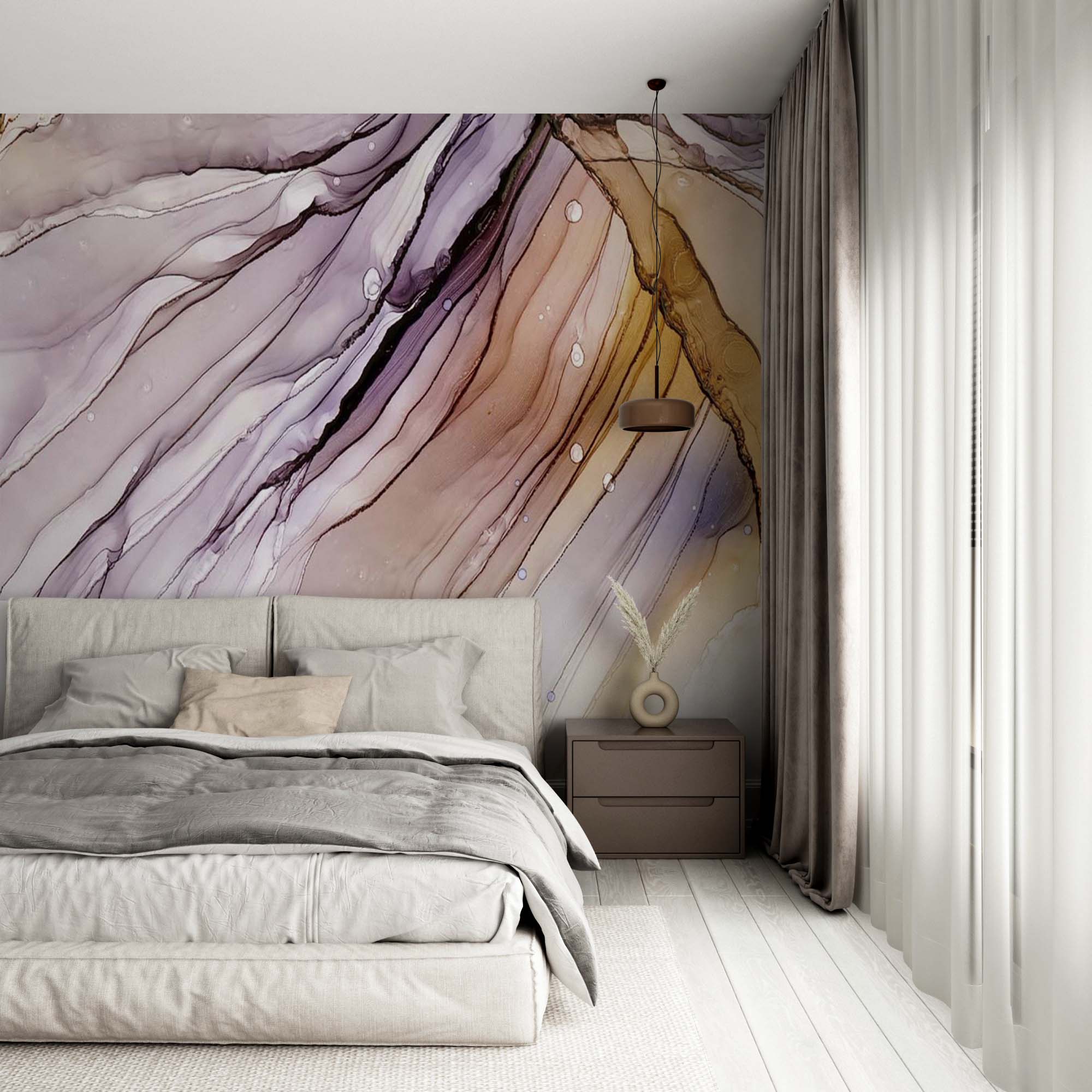 Abstract Fluid Wall Mural Art Violet Yellow Alcohol Ink Wallpaper