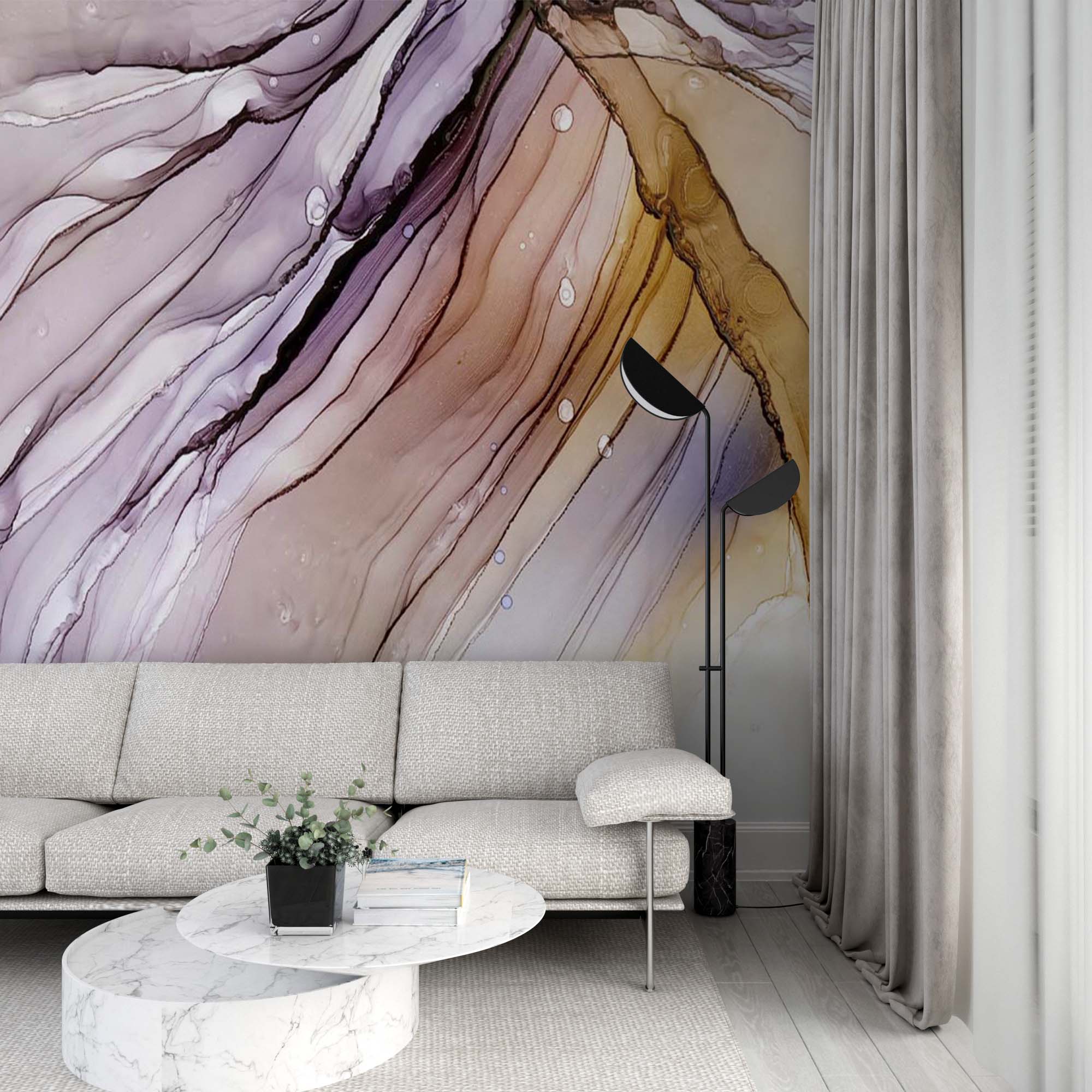 Abstract Fluid Wall Mural Art Violet Yellow Alcohol Ink Wallpaper