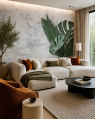 Monstera leaf wallpaper in a designer living room.