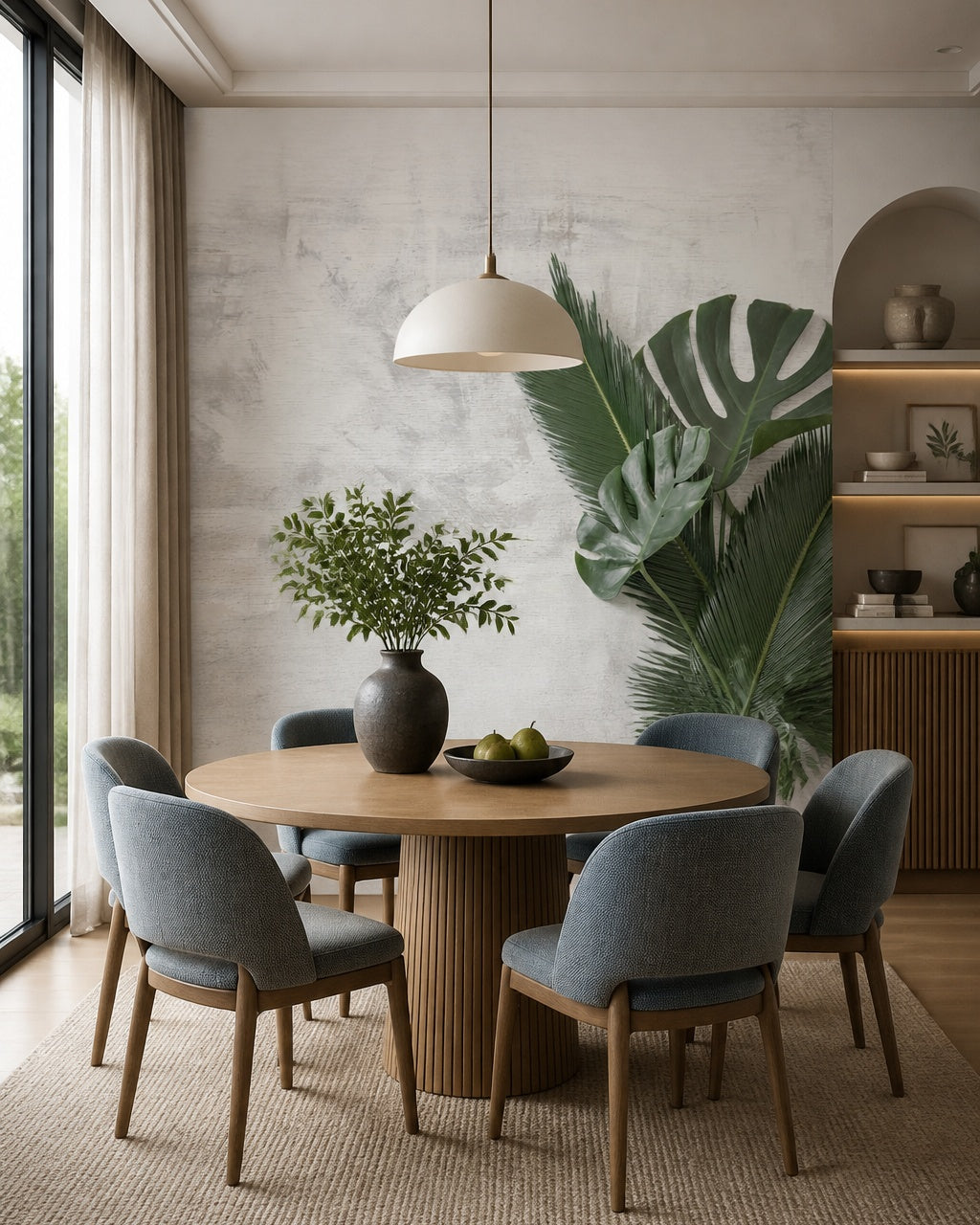 Monstera leaf wallpaper in a refined dining area.