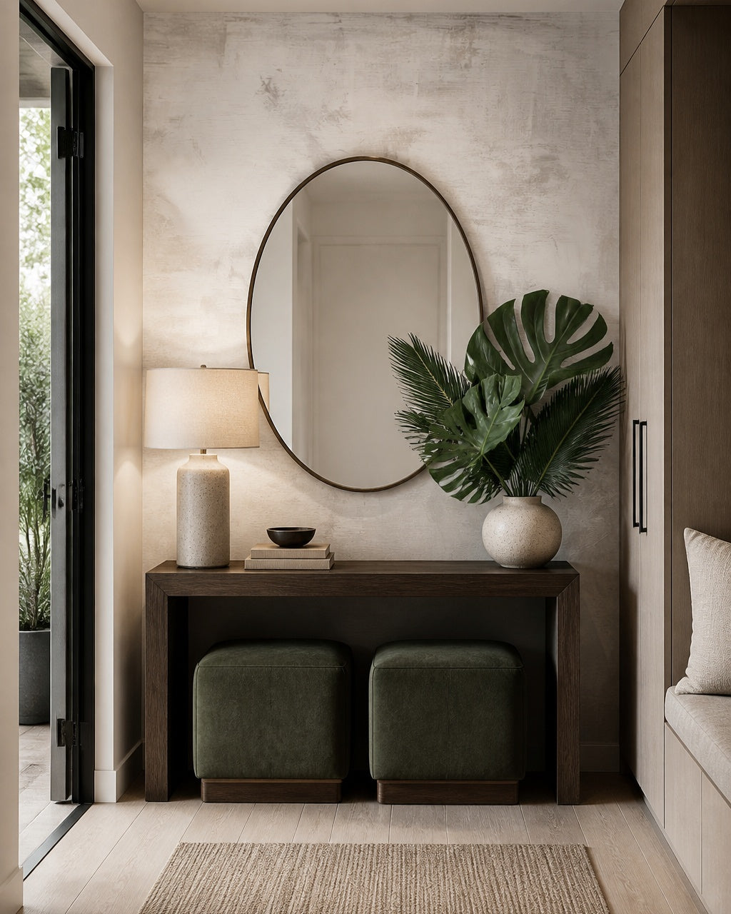 Monstera leaf wallpaper in a refined foyer.
