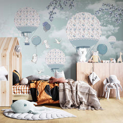 Custom Kids Wall Murals Air Balloon Peel and Stick Murals: Removable Decor with Animals and Cherry Blossom