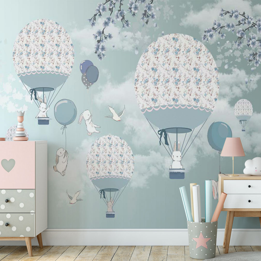 Custom Kids Wall Murals Air Balloon Peel and Stick Murals: Removable Decor with Animals and Cherry Blossom