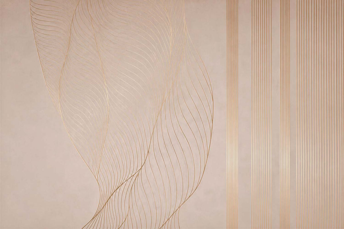 Papier peint lignes beige et or – Panoramique rayures minimalistes et feuilles au trait