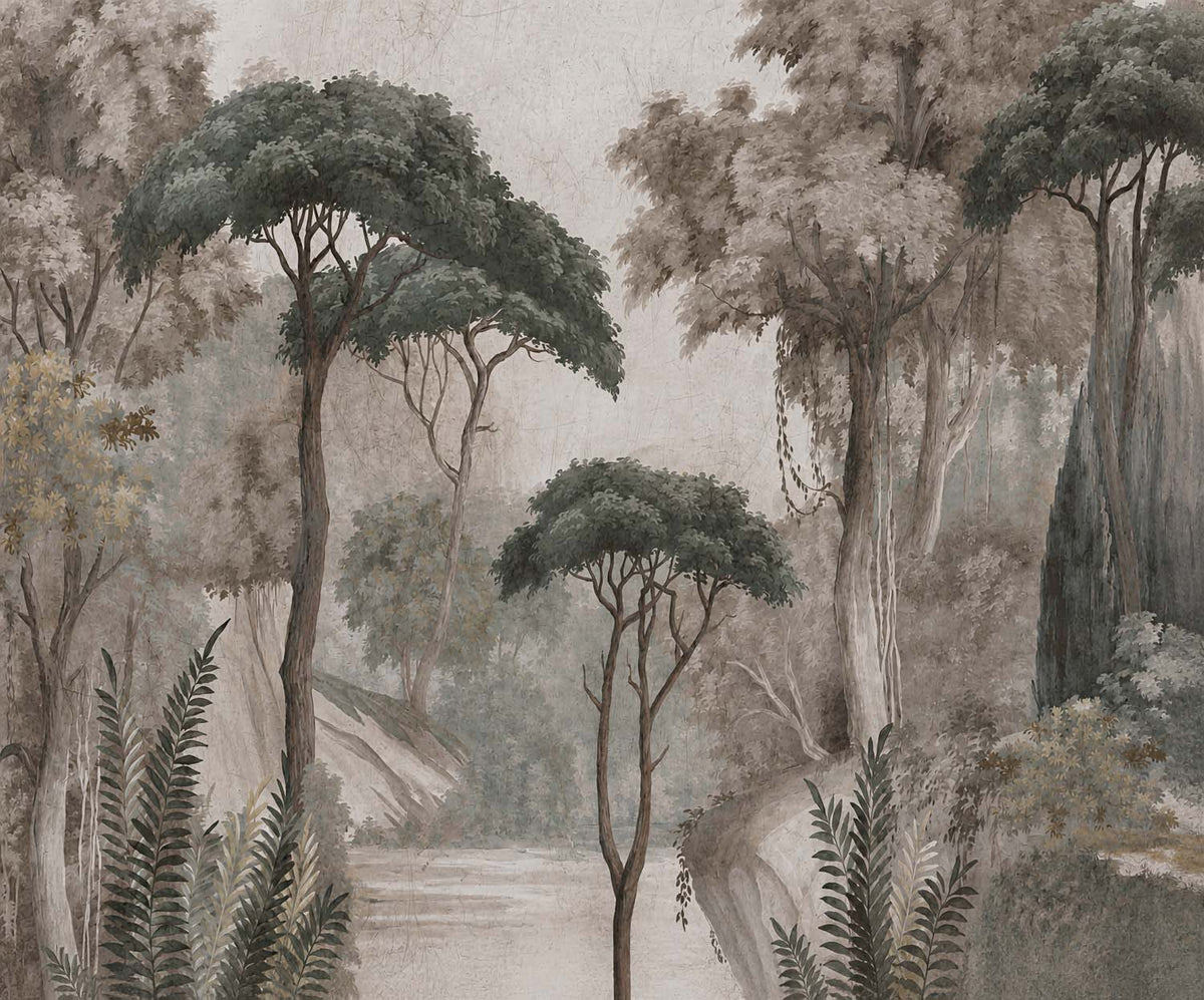 Junglegravure behang – parasoldennen en varens schilderachtig fotobehang