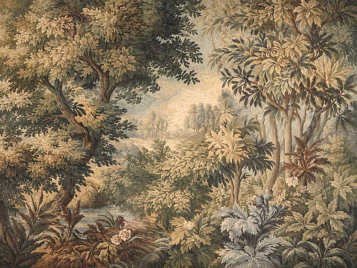 Papier peint tapisserie de verdure – Panoramique peinture de forêt vert doré