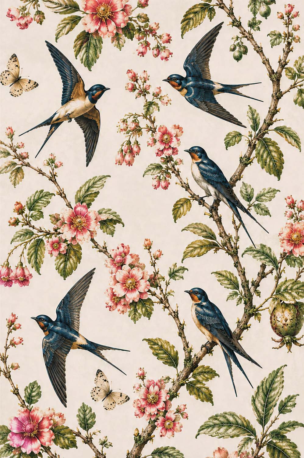 Zwaluwen en bloesems behang – chinoiserie vogels en bloemen fotobehang