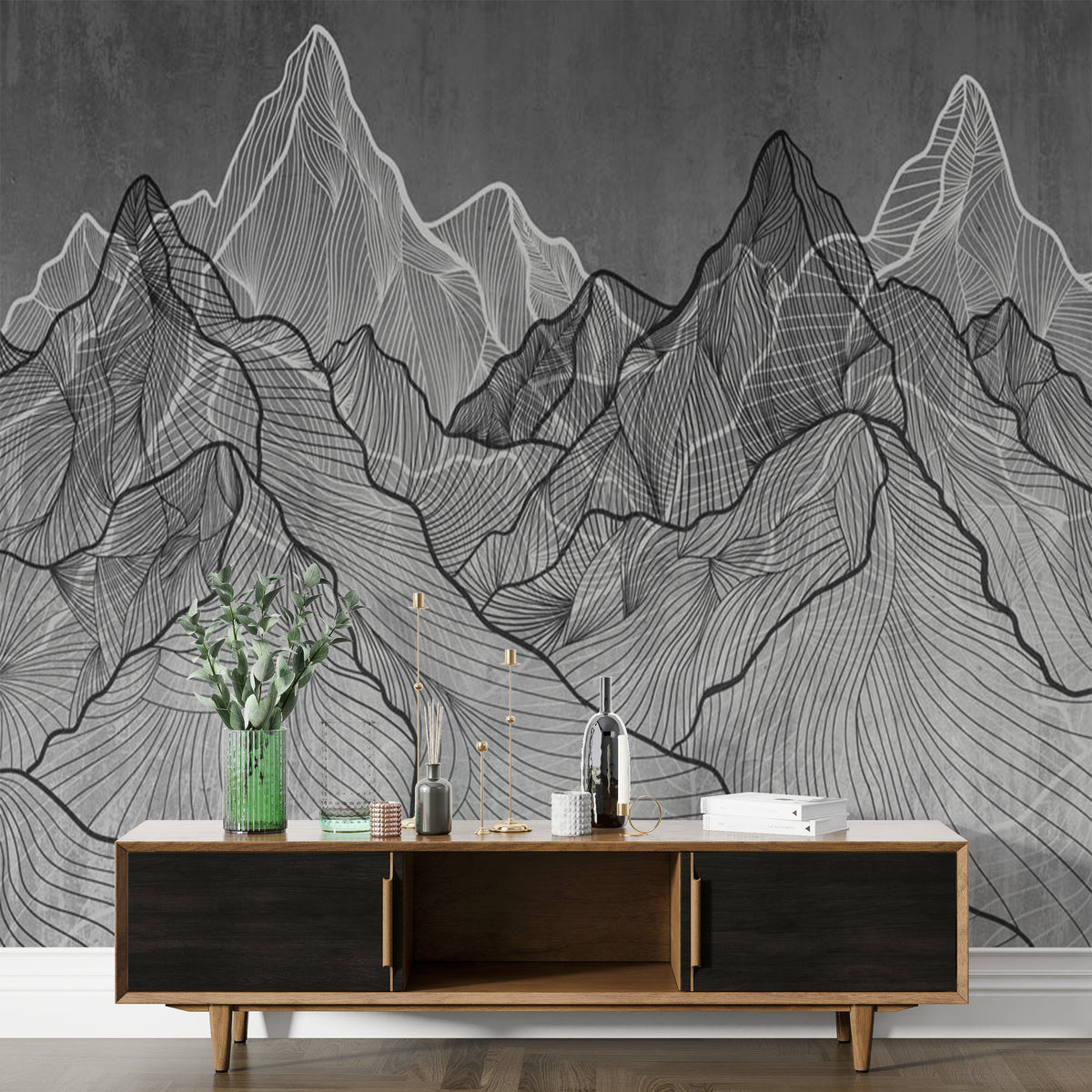 Monochrome Line Art Mountain Landscape Wall Mural Wallpaper - Abstract Topographic Design