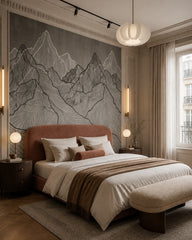 Line art mountains wallpaper in a designer bedroom.