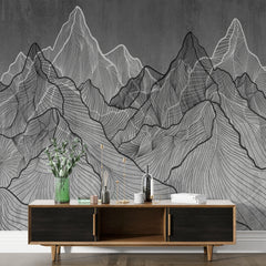 Custom Monochrome Line Art Mountain Landscape Wall Mural Wallpaper - Abstract Topographic Design