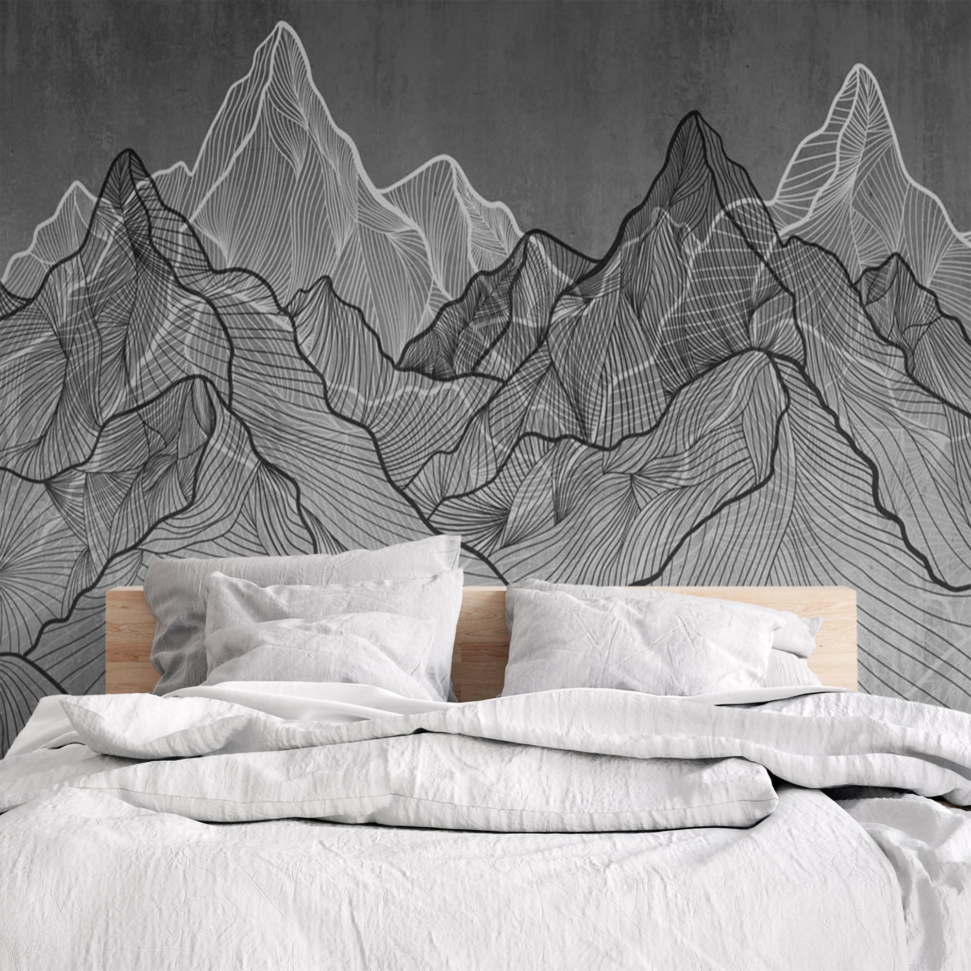 Monochrome Line Art Mountain Landscape Wall Mural Wallpaper - Abstract Topographic Design