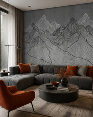 Line art mountains wallpaper in a designer living room.