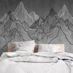 Custom Monochrome Line Art Mountain Landscape Wall Mural Wallpaper - Abstract Topographic Design