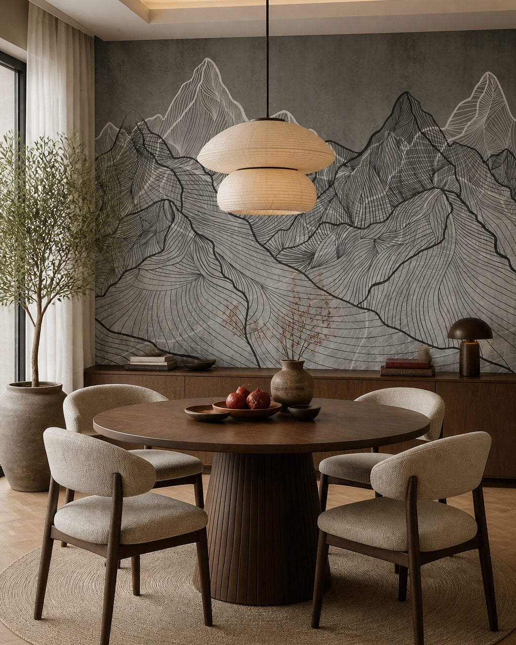 Line art mountains wallpaper in a refined dining area.