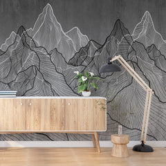 Custom Monochrome Line Art Mountain Landscape Wall Mural Wallpaper - Abstract Topographic Design