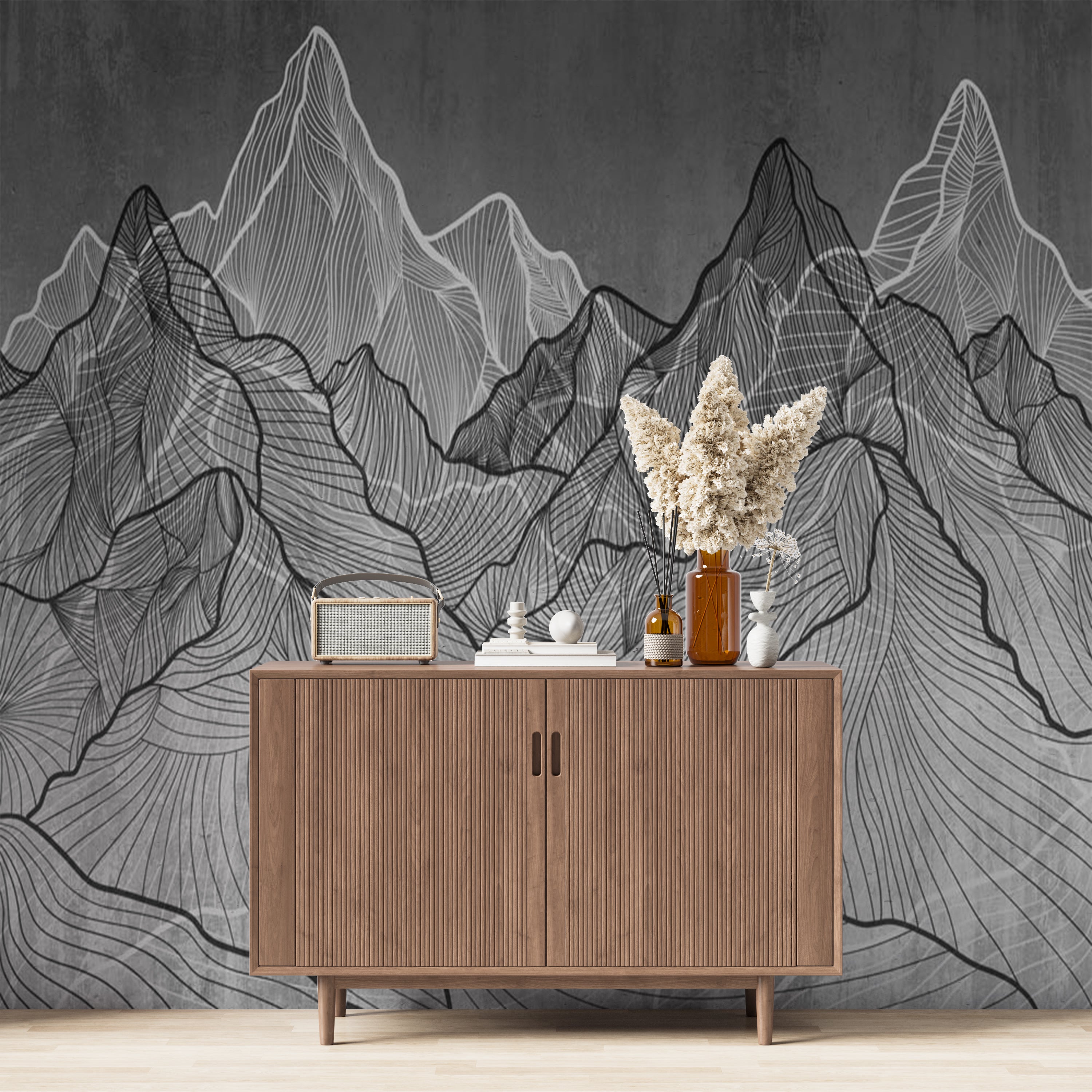 Monochrome Line Art Mountain Landscape Wall Mural Wallpaper - Abstract Topographic Design