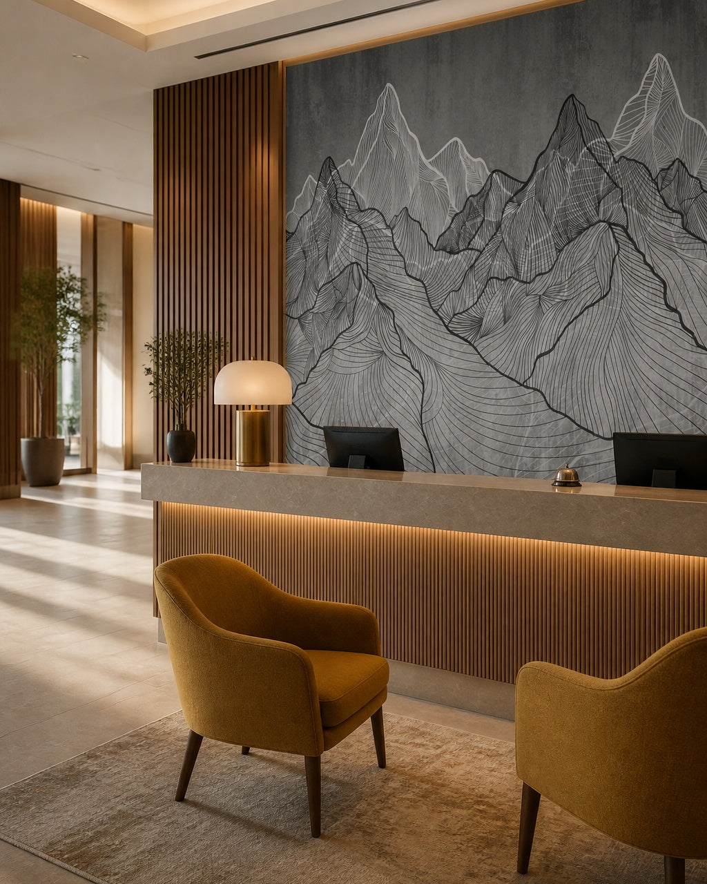 Line art mountains wallpaper at a hotel reception desk.