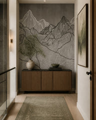 Line art mountains wallpaper in an architectural hallway.