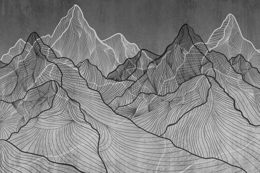Papier peint montagnes line art – Papier peint panoramique sommets topographiques gris monochrome