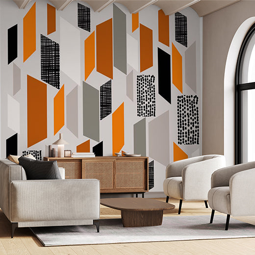 Geometric Abstract Wall Mural Wallpaper in Orange, Black, and Grey