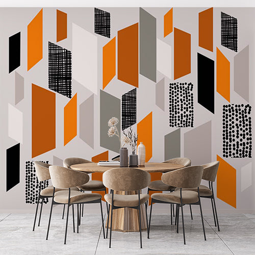 Geometric Abstract Wall Mural Wallpaper in Orange, Black, and Grey