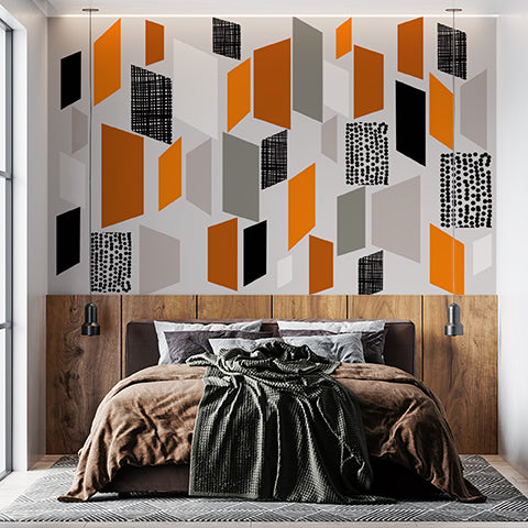 Geometric Abstract Wall Mural Wallpaper in Orange, Black, and Grey