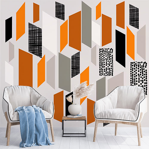 Geometric Abstract Wall Mural Wallpaper in Orange, Black, and Grey