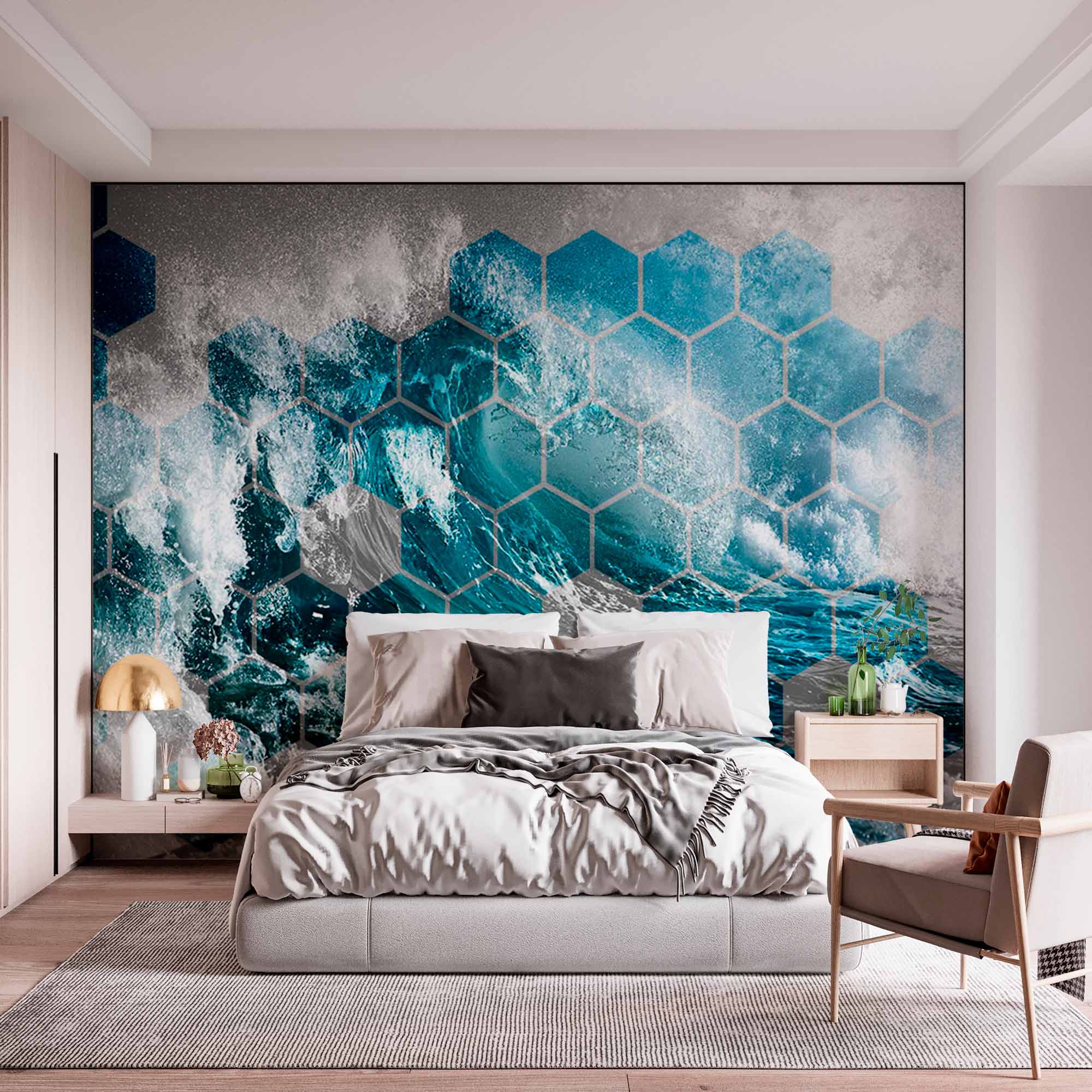 Dynamic Ocean Wave Hexagon Pattern Wall Mural Wallpaper