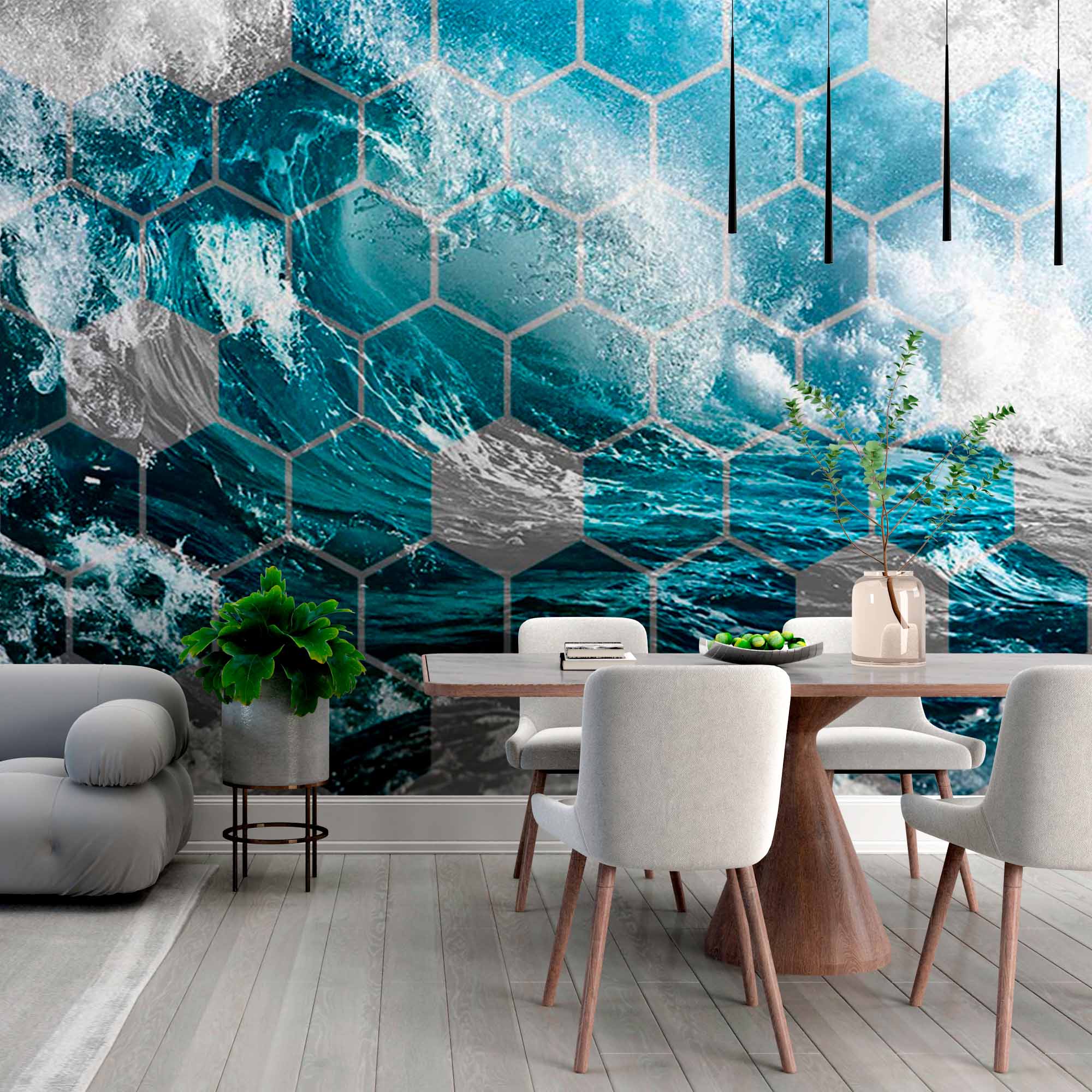 Dynamic Ocean Wave Hexagon Pattern Wall Mural Wallpaper