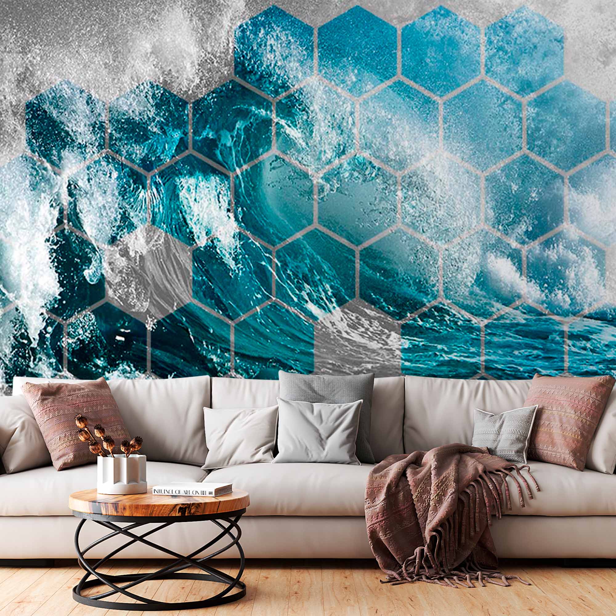 Dynamic Ocean Wave Hexagon Pattern Wall Mural Wallpaper