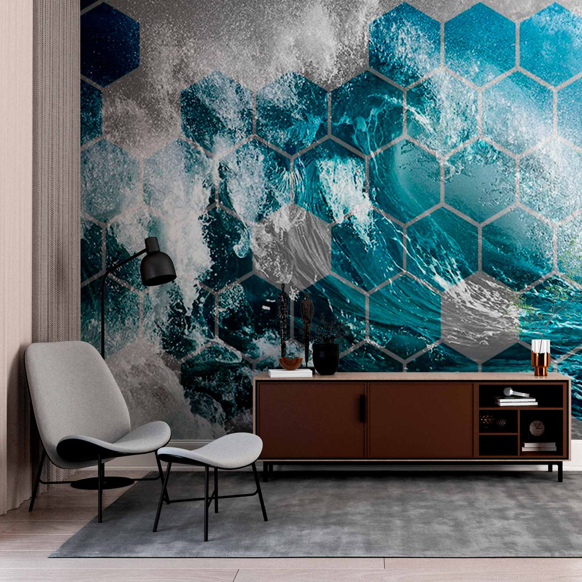 Custom Dynamic Ocean Wave Hexagon Pattern Wall Mural Wallpaper