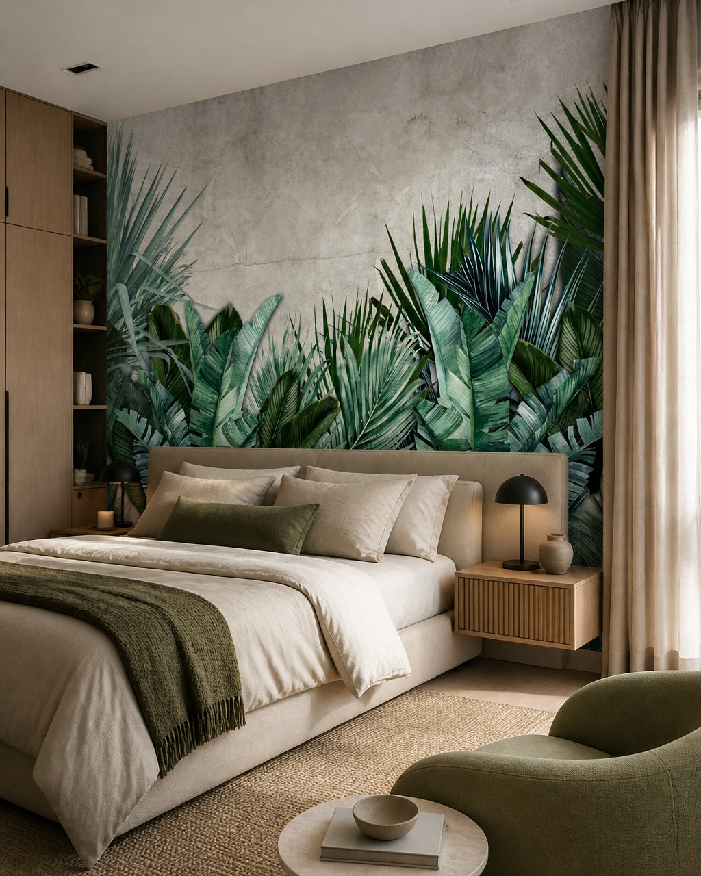 Banana leaf jungle wallpaper in a designer bedroom.