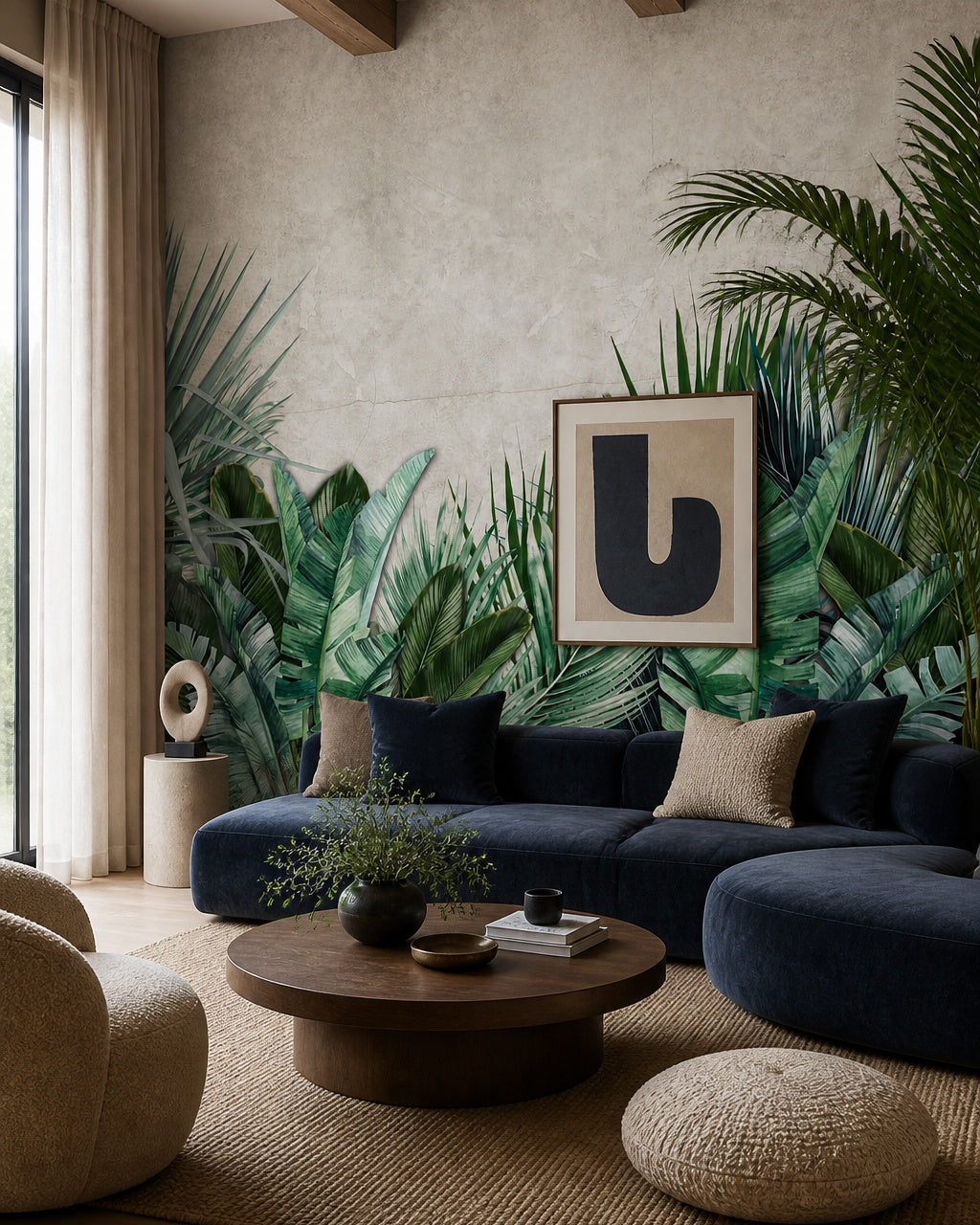 Banana leaf jungle wallpaper in a designer living room.