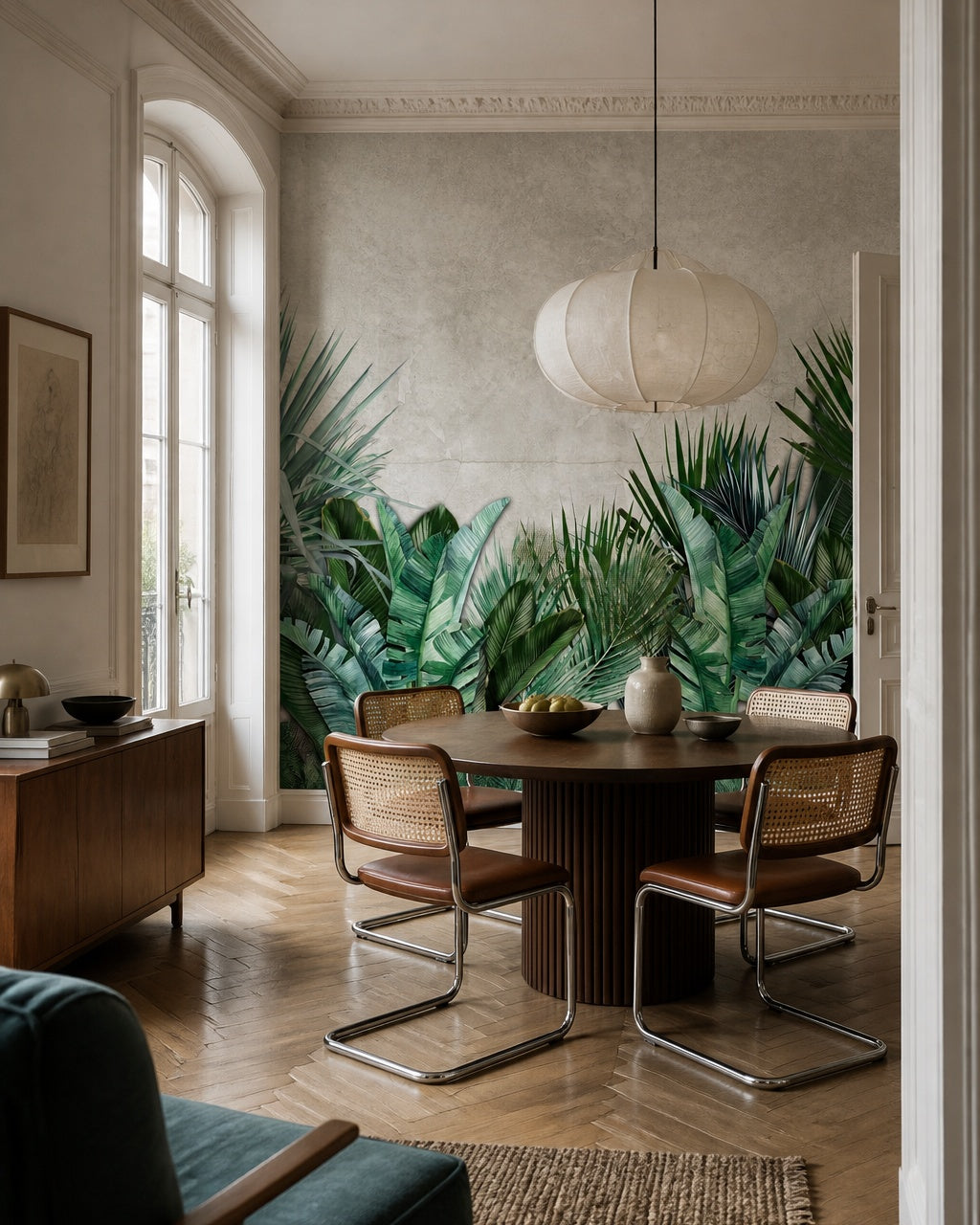 Banana leaf jungle wallpaper in a refined dining area.