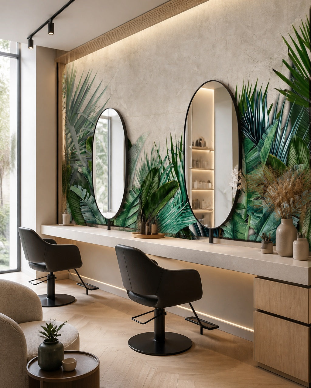 Banana leaf jungle wallpaper in a beauty salon.