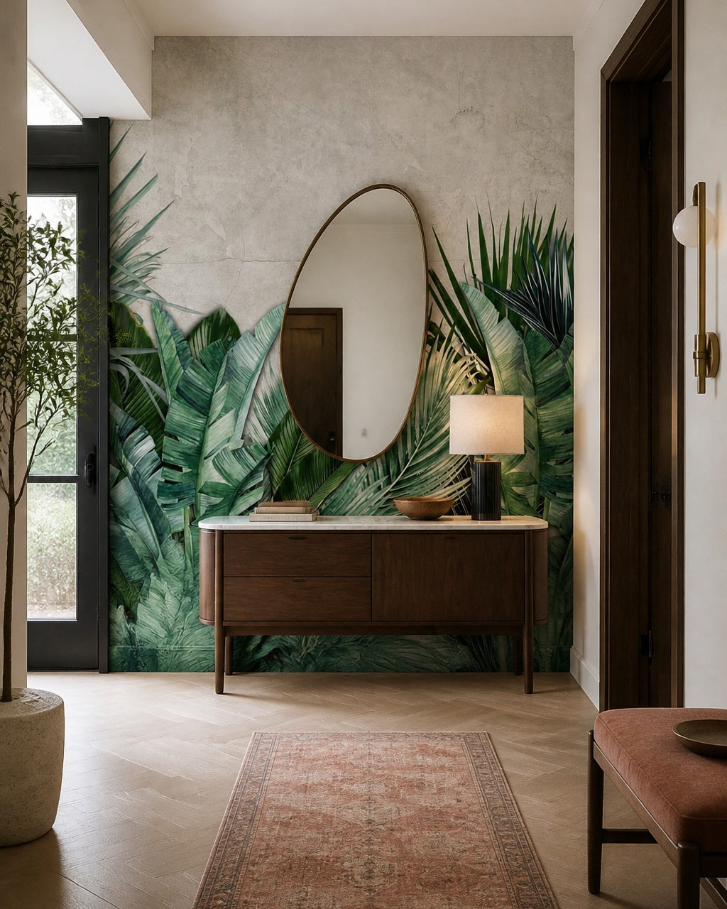 Banana leaf jungle wallpaper in a designer entrance hall.