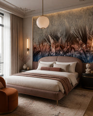 Pink and blue palm leaves wallpaper in a designer bedroom.