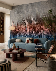 Pink and blue palm leaves wallpaper in a designer living room.