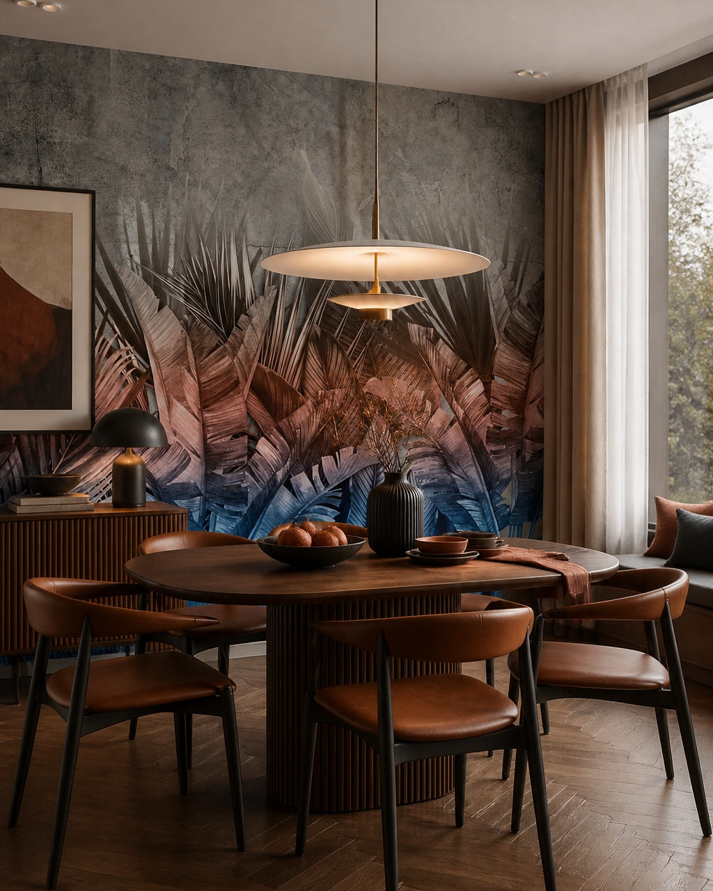 Pink and blue palm leaves wallpaper in a refined dining area.